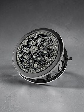 NEW Monet Jewelry Grey Tone Filagree Gray Snap Compact Mirror with Box 2.75" NWT
